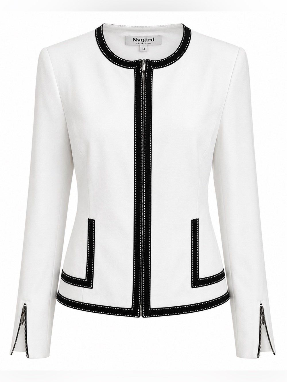 Nygård Collection White Zip Jacket Black Trim Size 12